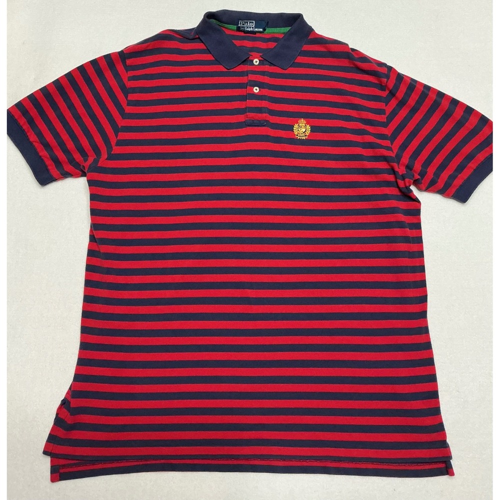 Vintage Polo Ralph Lauren Mens XXL Red Navy Stripe Crest Polo Shirt 90s Preppy